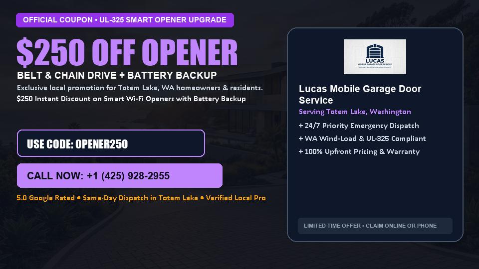 Lucas Mobile Garage Door Service $250 OFF Premium LiftMaster Opener Installation in Totem Lake, WA