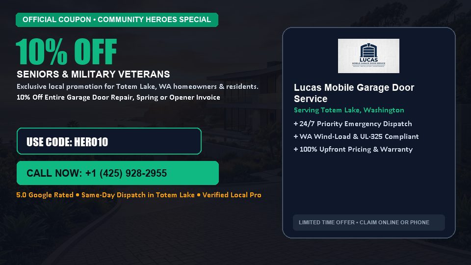 Lucas Mobile Garage Door Service 10% OFF Seniors & Military Veterans in Totem Lake, WA